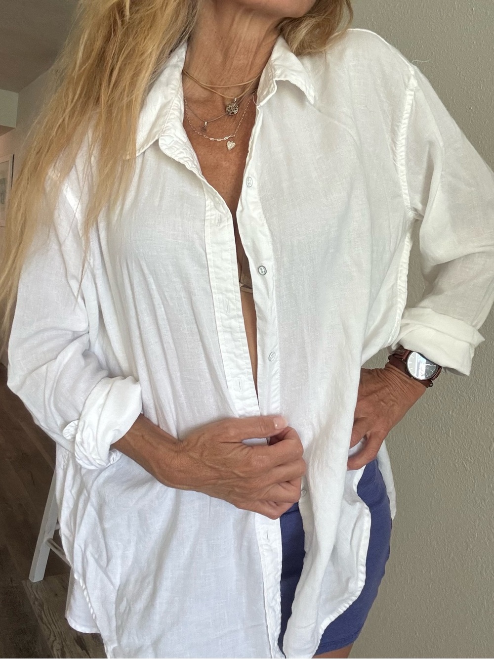 DL1961 White Button-Down Shirt with Open Tie-Back L Part Linen